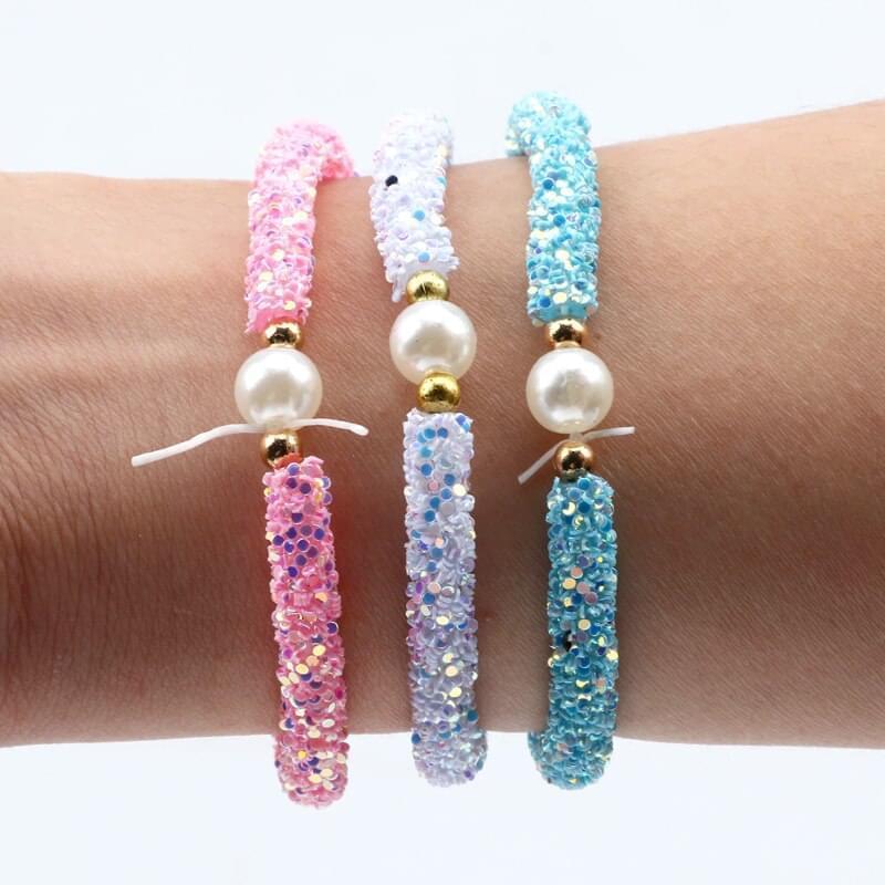 3pcs Blanc Bleu Rose Mignon Perle Paillettes Perles Brillantes Enfants Bracelet - Bijoux De Lune