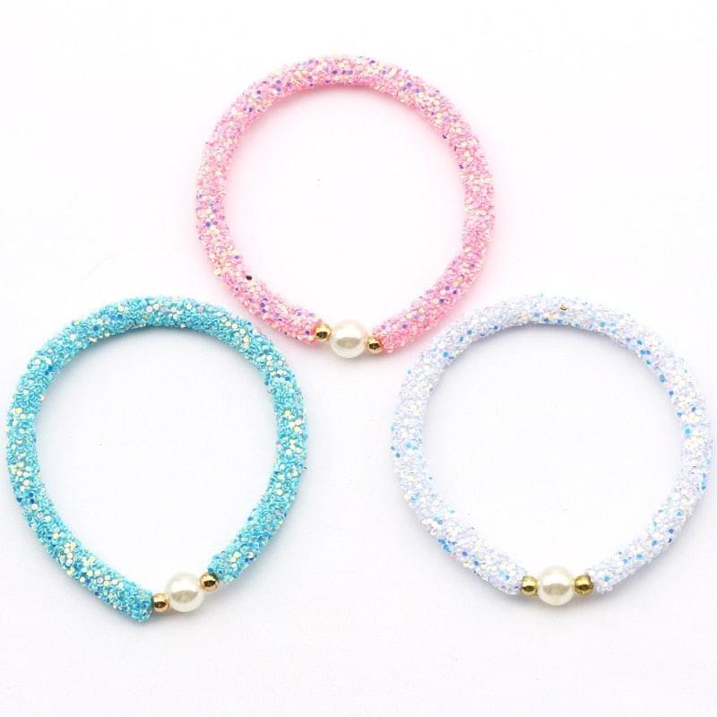 3pcs Blanc Bleu Rose Mignon Perle Paillettes Perles Brillantes Enfants Bracelet - Bijoux De Lune