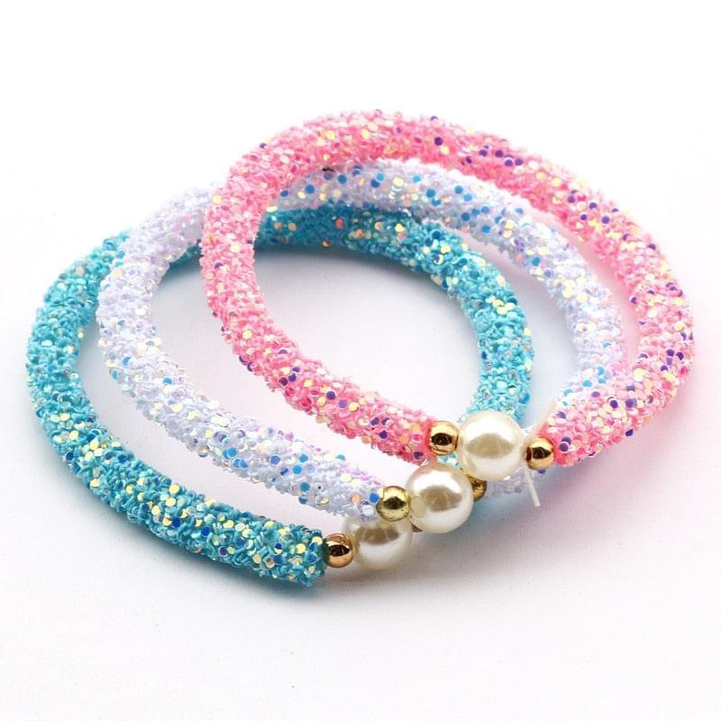 3pcs Blanc Bleu Rose Mignon Perle Paillettes Perles Brillantes Enfants Bracelet - Bijoux De Lune