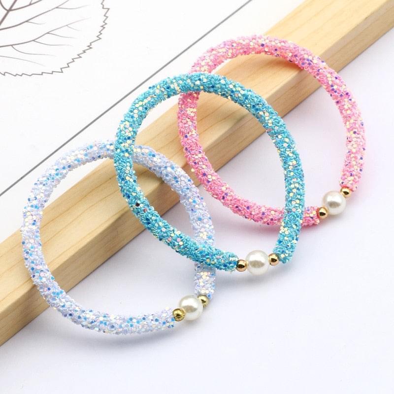 3pcs Blanc Bleu Rose Mignon Perle Paillettes Perles Brillantes Enfants Bracelet - Bijoux De Lune