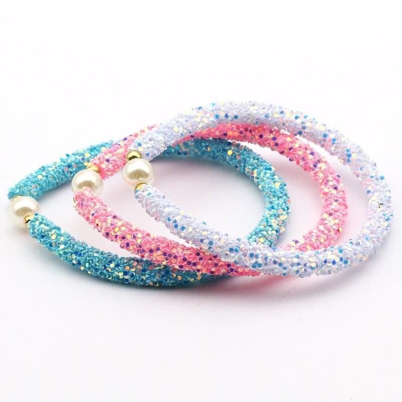 3pcs Blanc Bleu Rose Mignon Perle Paillettes Perles Brillantes Enfants Bracelet - Bijoux De Lune