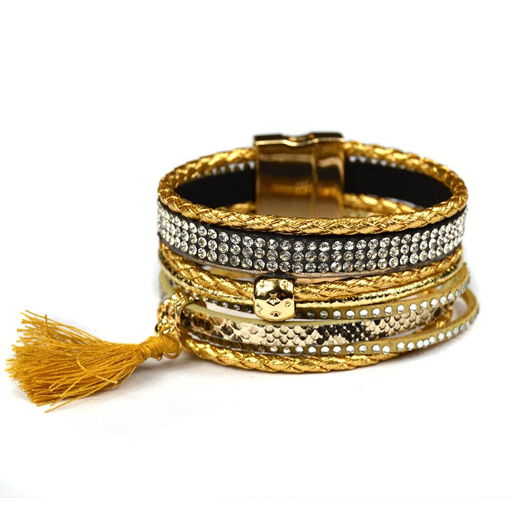 Bracelet Brésilien Avec Pompon, Embellissements Cuir et Pierres et Boucle Magnétique - Bijoux De Lune