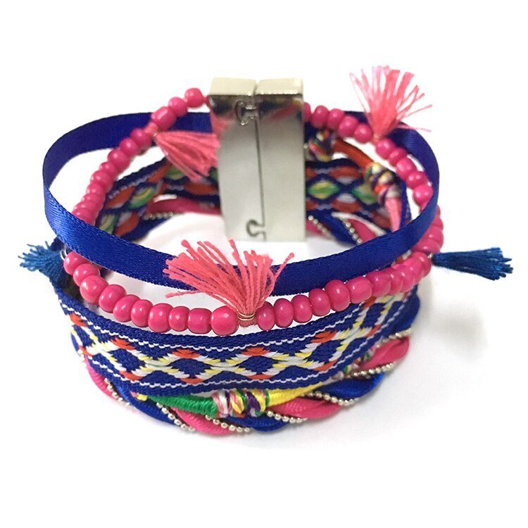 Bracelet Brésilien Avec Pompon, Embellissements Cuir et Pierres et Boucle Magnétique - Bijoux De Lune