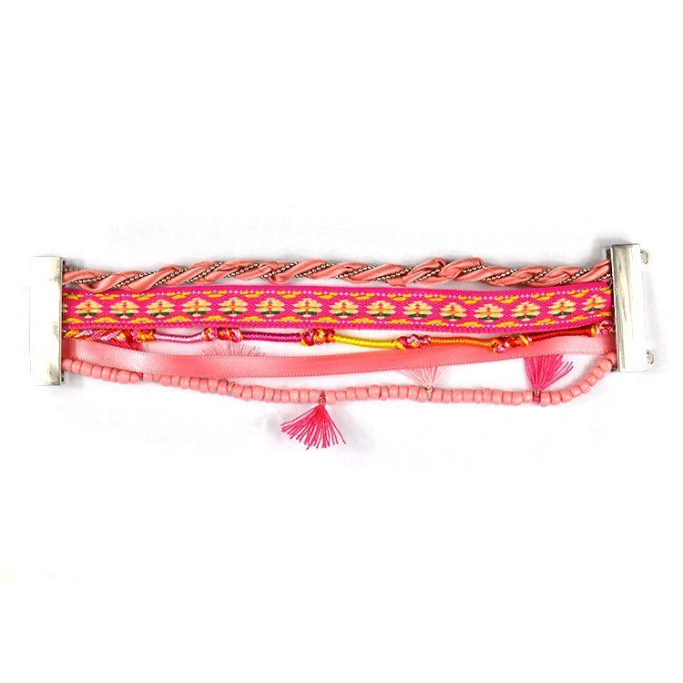 Bracelet Brésilien Avec Pompon, Embellissements Cuir et Pierres et Boucle Magnétique - Bijoux De Lune