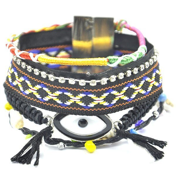 Bracelet Brésilien Avec Pompon, Embellissements Cuir et Pierres et Boucle Magnétique - Bijoux De Lune