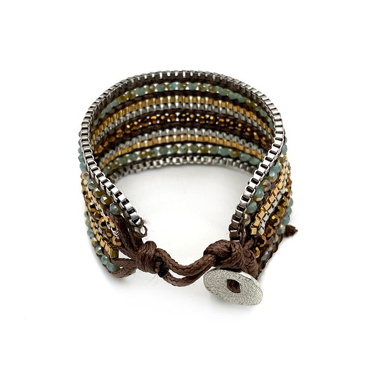 Bracelet Brésilien Avec Pompon, Embellissements Cuir et Pierres et Boucle Magnétique - Bijoux De Lune