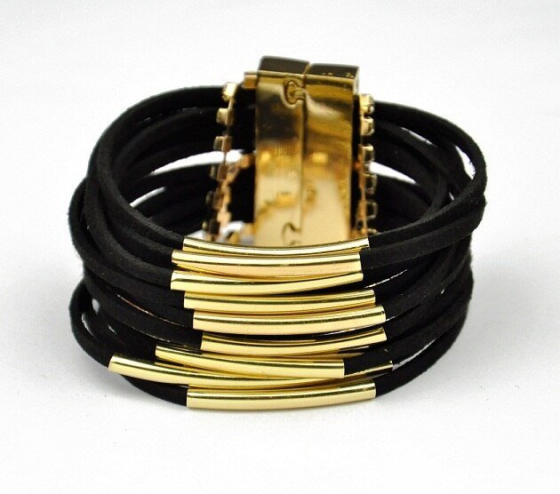 Bracelet Brésilien Avec Pompon, Embellissements Cuir et Pierres et Boucle Magnétique - Bijoux De Lune