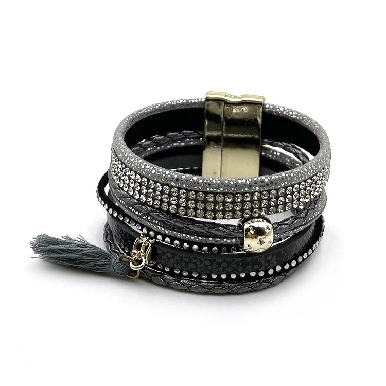 Bracelet Brésilien Avec Pompon, Embellissements Cuir et Pierres et Boucle Magnétique - Bijoux De Lune