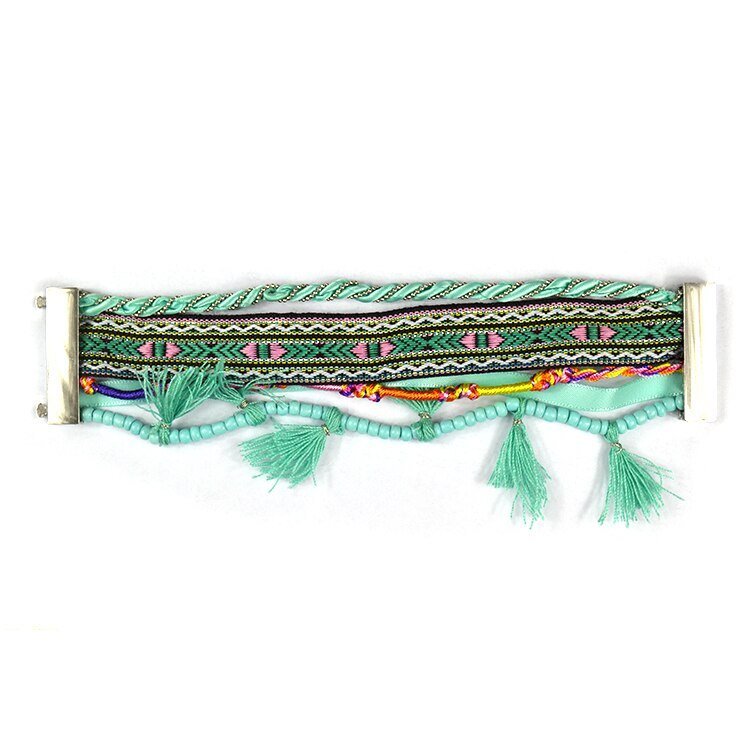 Bracelet Brésilien Avec Pompon, Embellissements Cuir et Pierres et Boucle Magnétique - Bijoux De Lune