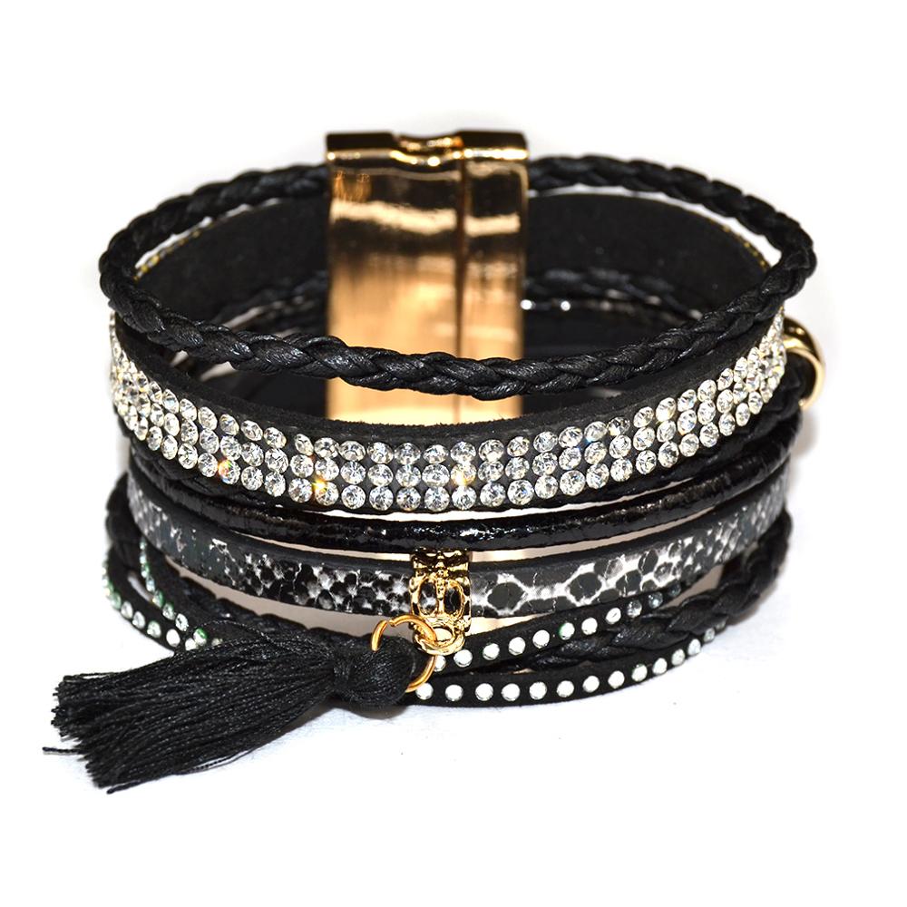 Bracelet Brésilien Avec Pompon, Embellissements Cuir et Pierres et Boucle Magnétique - Bijoux De Lune