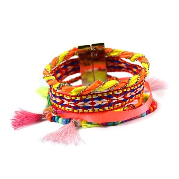 Bracelet Brésilien Avec Pompon, Embellissements Cuir et Pierres et Boucle Magnétique - Bijoux De Lune