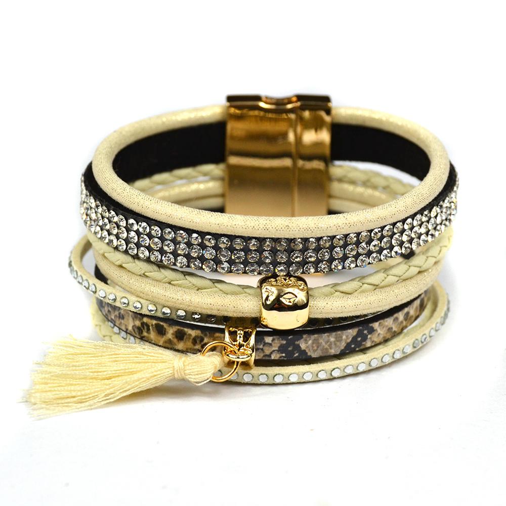 Bracelet Brésilien Avec Pompon, Embellissements Cuir et Pierres et Boucle Magnétique - Bijoux De Lune