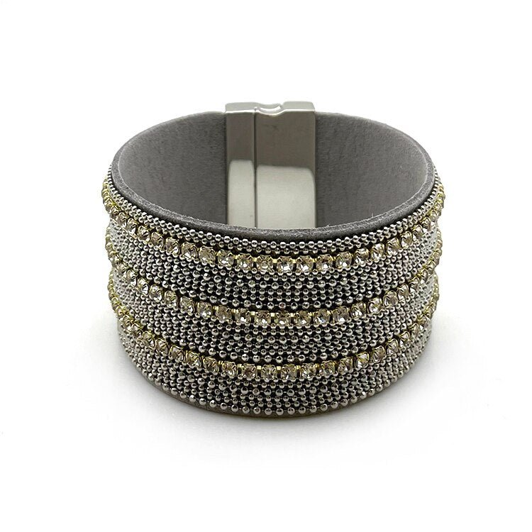Bracelet Brésilien Avec Pompon, Embellissements Cuir et Pierres et Boucle Magnétique - Bijoux De Lune