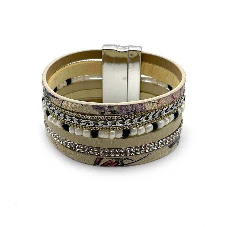 Bracelet Brésilien Avec Pompon, Embellissements Cuir et Pierres et Boucle Magnétique - Bijoux De Lune