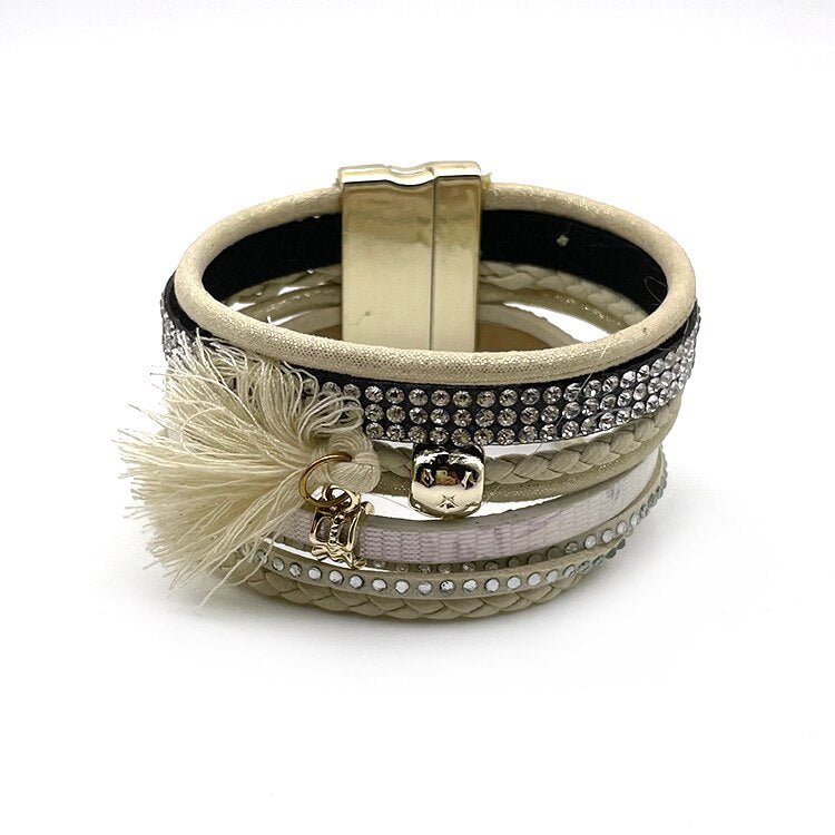 Bracelet Brésilien Avec Pompon, Embellissements Cuir et Pierres et Boucle Magnétique - Bijoux De Lune