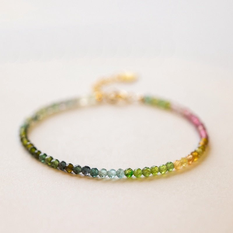 Bracelet Brésilien Tourmaline Naturelle Délicat Bracelet Perlé Coloré Plaqué Or 14K - Bijoux De Lune