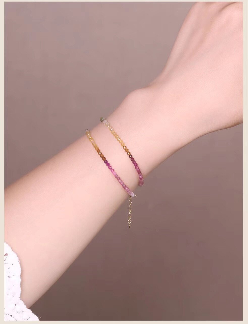 Bracelet Brésilien Tourmaline Naturelle Délicat Bracelet Perlé Coloré Plaqué Or 14K - Bijoux De Lune