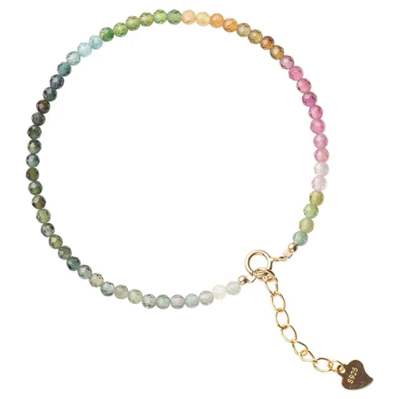 Bracelet Brésilien Tourmaline Naturelle Délicat Bracelet Perlé Coloré Plaqué Or 14K - Bijoux De Lune