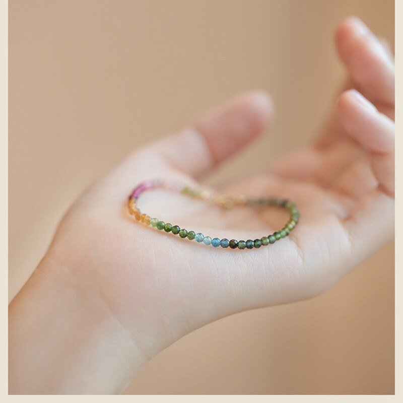Bracelet Brésilien Tourmaline Naturelle Délicat Bracelet Perlé Coloré Plaqué Or 14K - Bijoux De Lune
