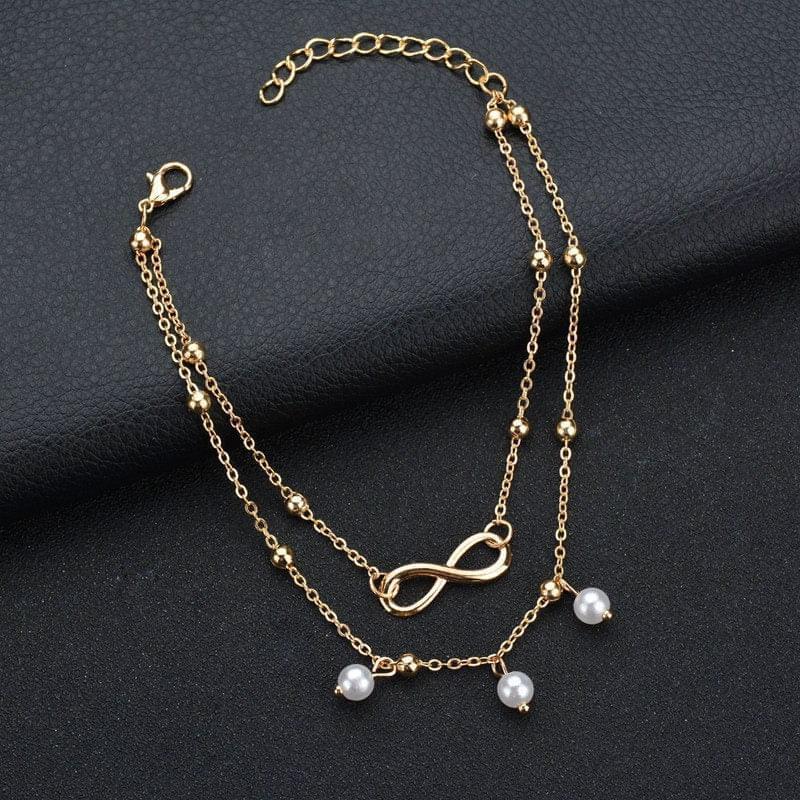 Bracelet Cheville Femme Chaîne Avec Perles Rétro, Cœur Et Diamants - Bijoux De Lune
