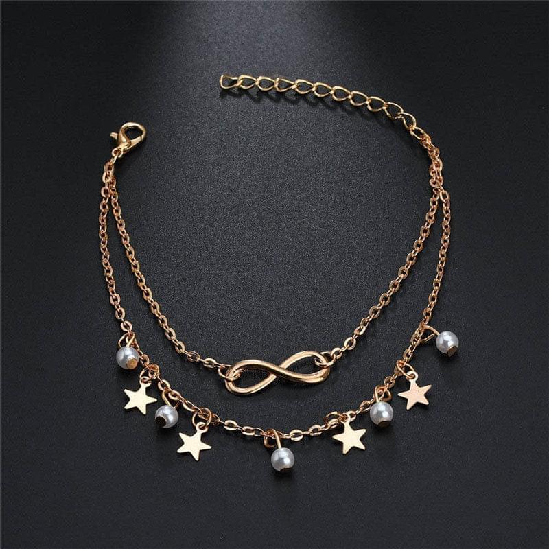 Bracelet Cheville Femme Chaîne Avec Perles Rétro, Cœur Et Diamants - Bijoux De Lune