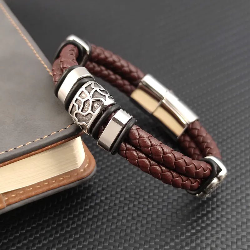 Bracelet Cuir Homme Luxe Tressé À Motifs Métalliques Irréguliers - Bijoux De Lune