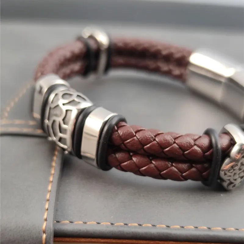 Bracelet Cuir Homme Luxe Tressé À Motifs Métalliques Irréguliers - Bijoux De Lune