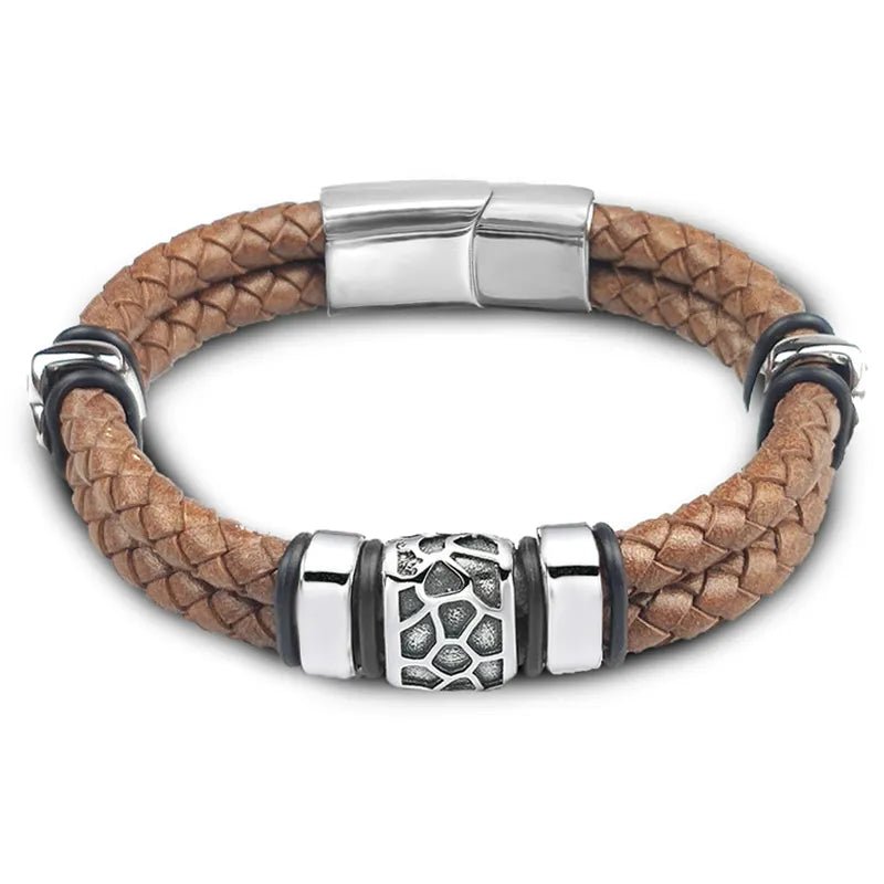 Bracelet Cuir Homme Luxe Tressé À Motifs Métalliques Irréguliers - Bijoux De Lune