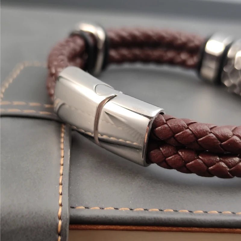 Bracelet Cuir Homme Luxe Tressé À Motifs Métalliques Irréguliers - Bijoux De Lune