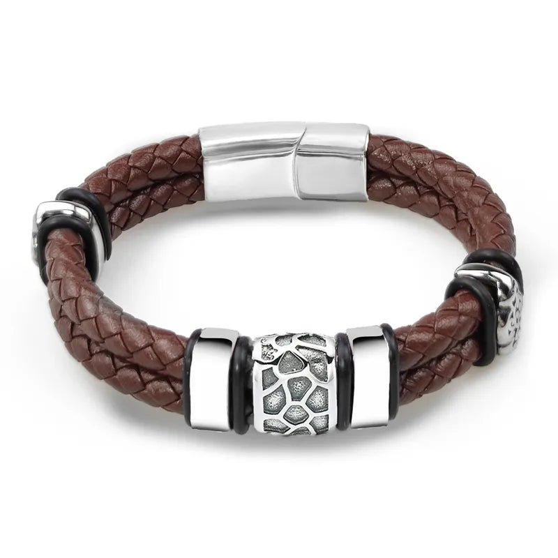 Bracelet Cuir Homme Luxe Tressé À Motifs Métalliques Irréguliers - Bijoux De Lune