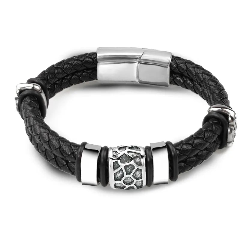 Bracelet Cuir Homme Luxe Tressé À Motifs Métalliques Irréguliers - Bijoux De Lune
