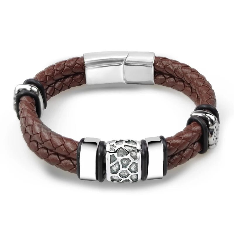 Bracelet Cuir Homme Luxe Tressé À Motifs Métalliques Irréguliers - Bijoux De Lune