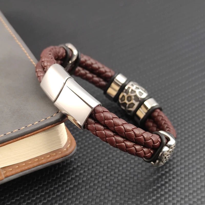 Bracelet Cuir Homme Luxe Tressé À Motifs Métalliques Irréguliers - Bijoux De Lune