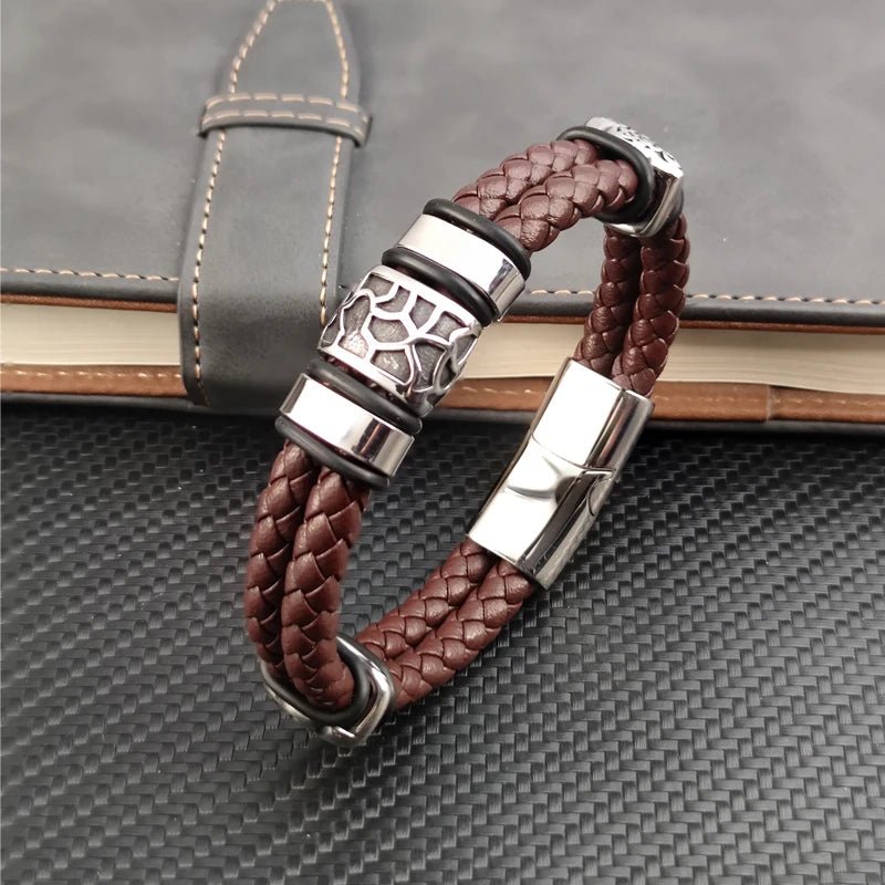 Bracelet Cuir Homme Luxe Tressé À Motifs Métalliques Irréguliers - Bijoux De Lune
