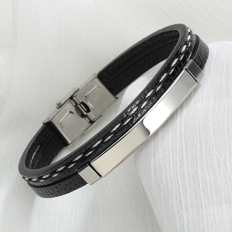 Bracelet Cuir Personnalisé Homme Couleur Argent, Or Et noire - Bijoux De Lune