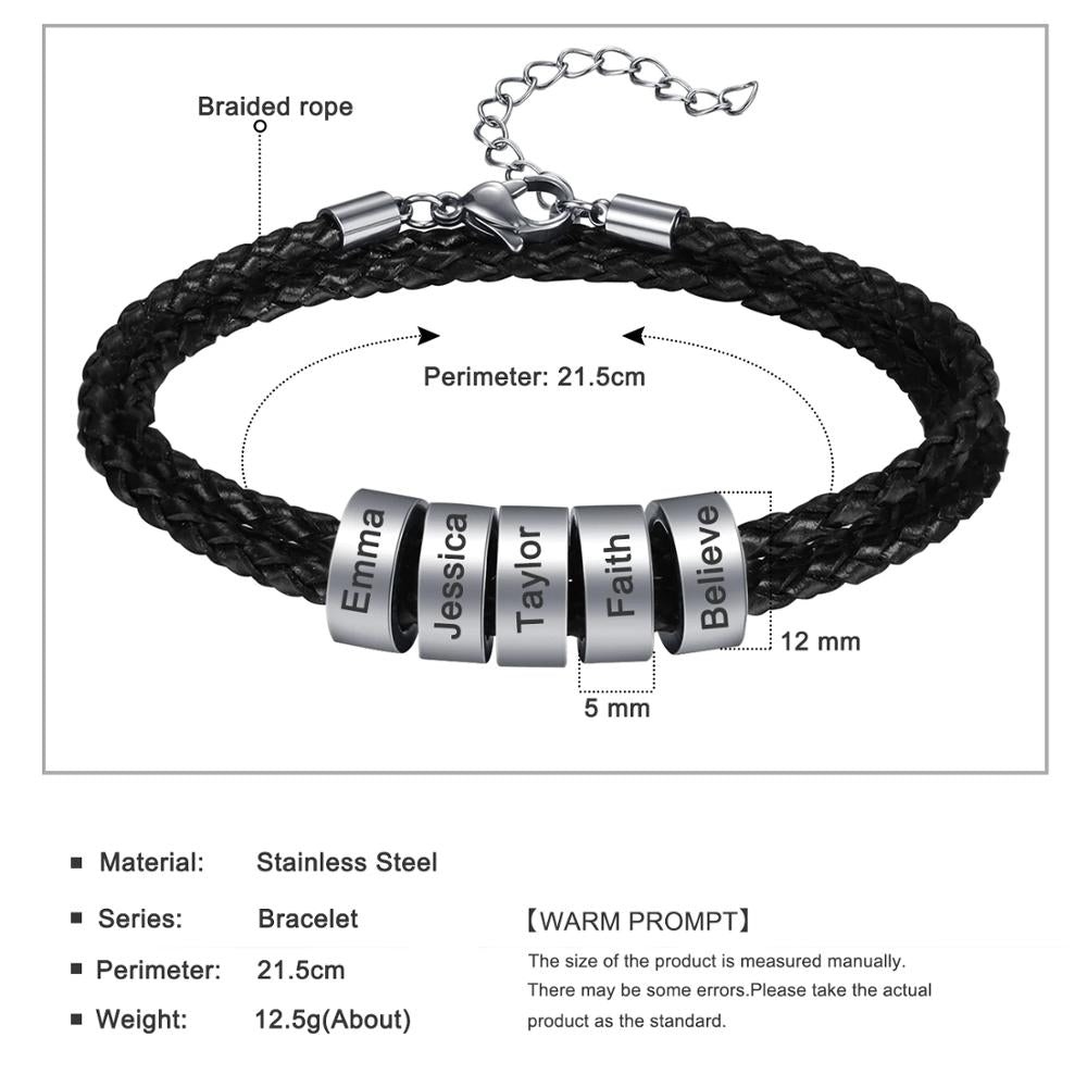 Bracelet De Famille En Cuir Avec Nom Personnalisé Pour Homme - Bijoux De Lune