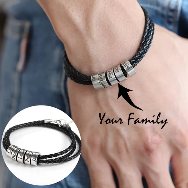 Bracelet De Famille En Cuir Avec Nom Personnalisé Pour Homme - Bijoux De Lune