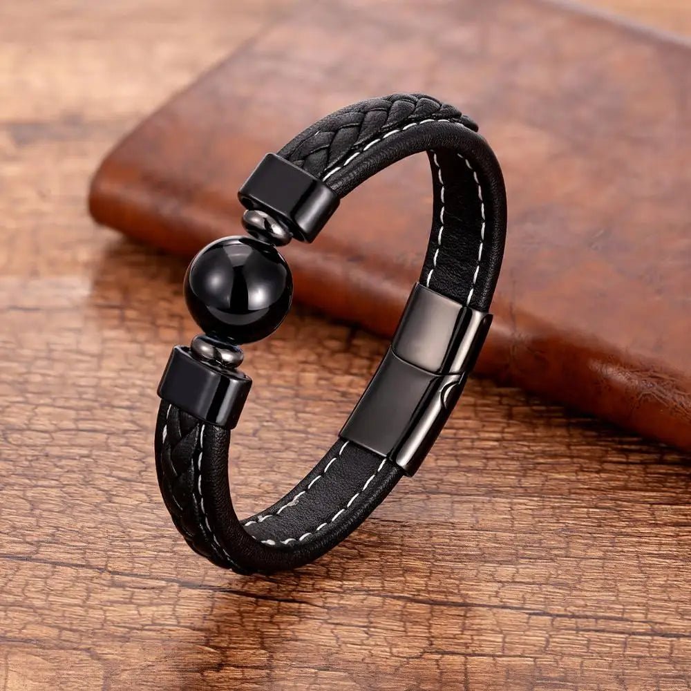 Bracelet Homme Cuir Luxe Avec Pierre Naturelle - Bijoux De Lune