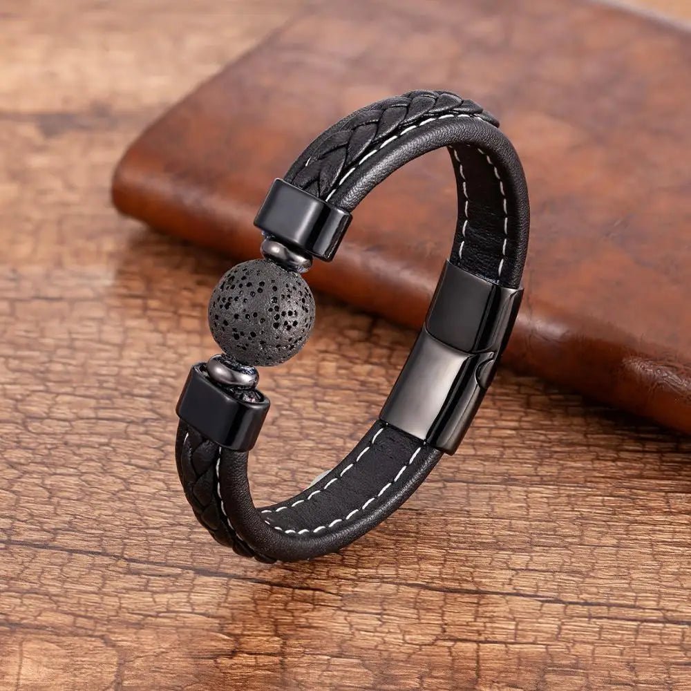 Bracelet Homme Cuir Luxe Avec Pierre Naturelle - Bijoux De Lune