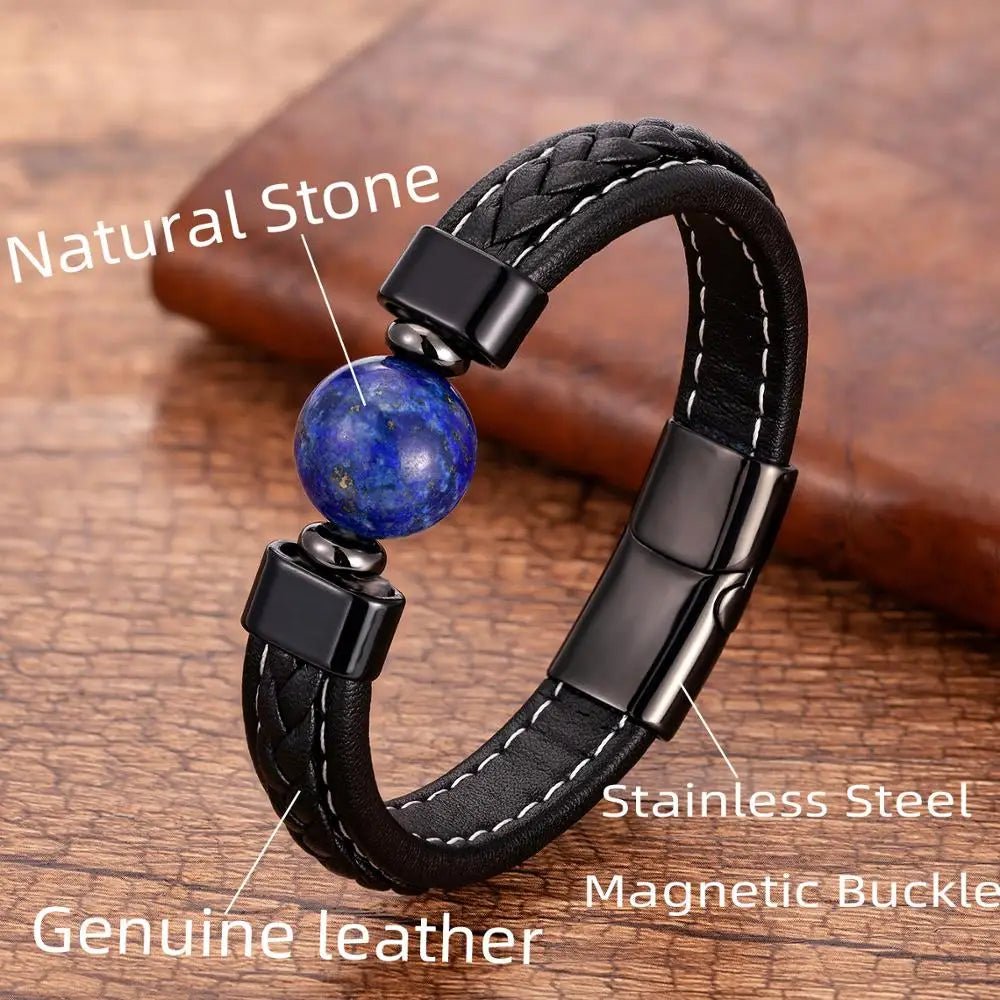 Bracelet Homme Cuir Luxe Avec Pierre Naturelle - Bijoux De Lune