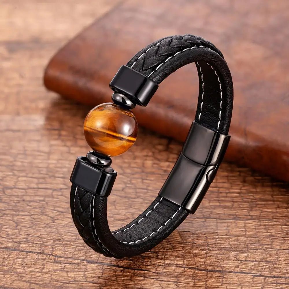 Bracelet Homme Cuir Luxe Avec Pierre Naturelle - Bijoux De Lune