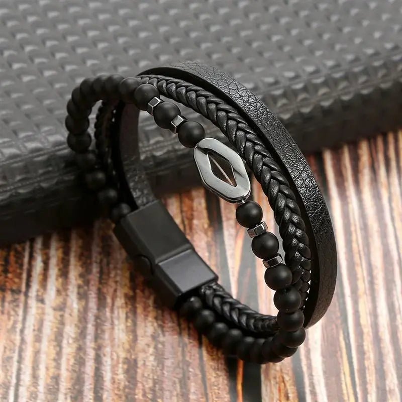 Bracelet Homme Cuir Luxe Classique Combinaison De Plusieurs Couches - Bijoux De Lune