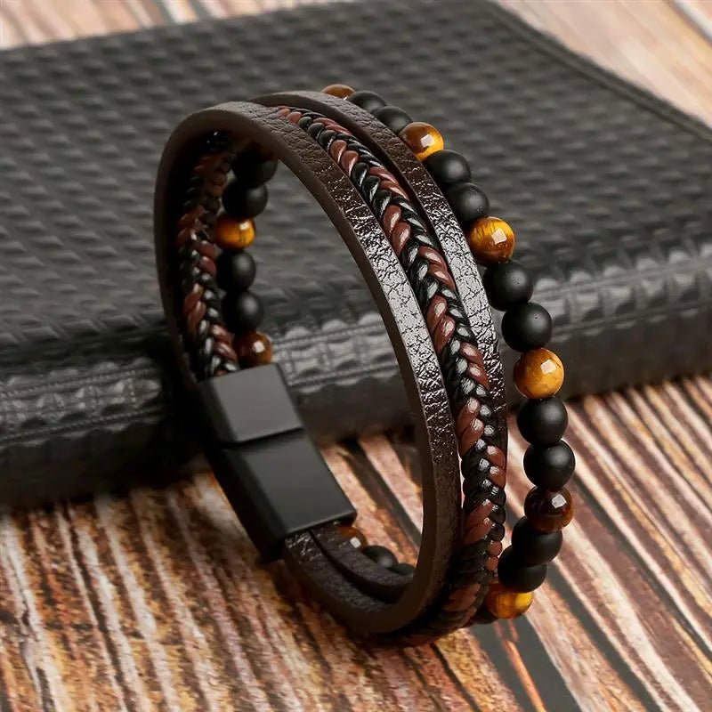 Bracelet Homme Cuir Luxe Classique Combinaison De Plusieurs Couches - Bijoux De Lune