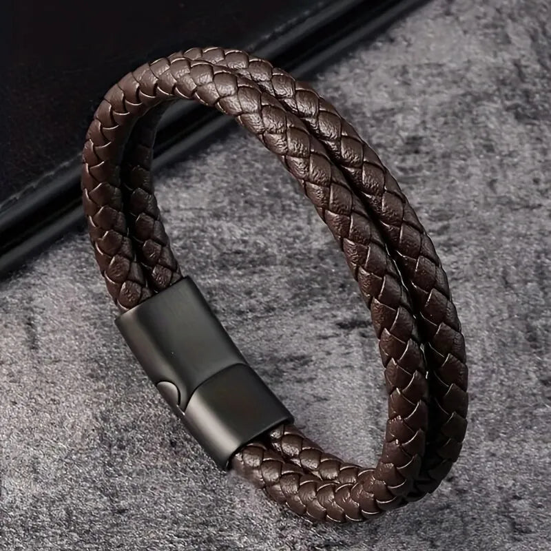 Bracelet Homme Cuir Luxe Double Couches Tressées - Bijoux De Lune