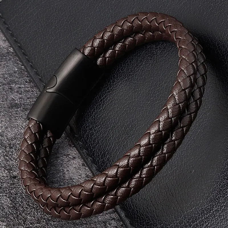 Bracelet Homme Cuir Luxe Double Couches Tressées - Bijoux De Lune