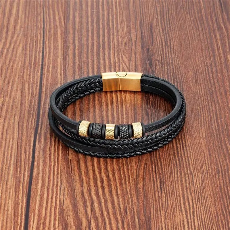 Bracelet Homme Cuir Luxe Multicouche Avec Perles - Bijoux De Lune