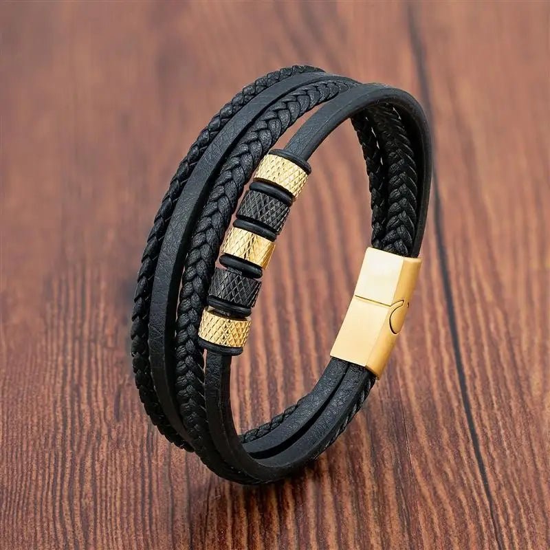 Bracelet Homme Cuir Luxe Multicouche Avec Perles - Bijoux De Lune