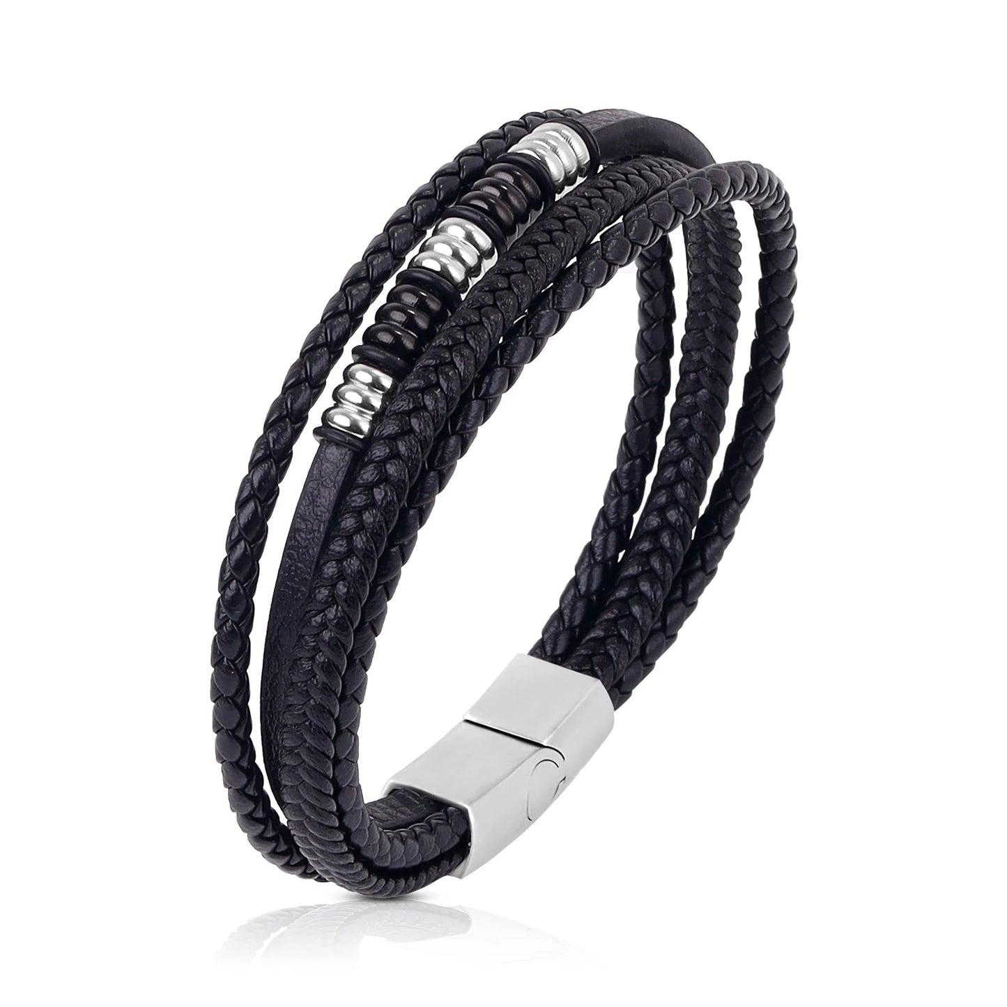 Bracelet Homme Cuir Luxe Multicouche Avec Perles - Bijoux De Lune