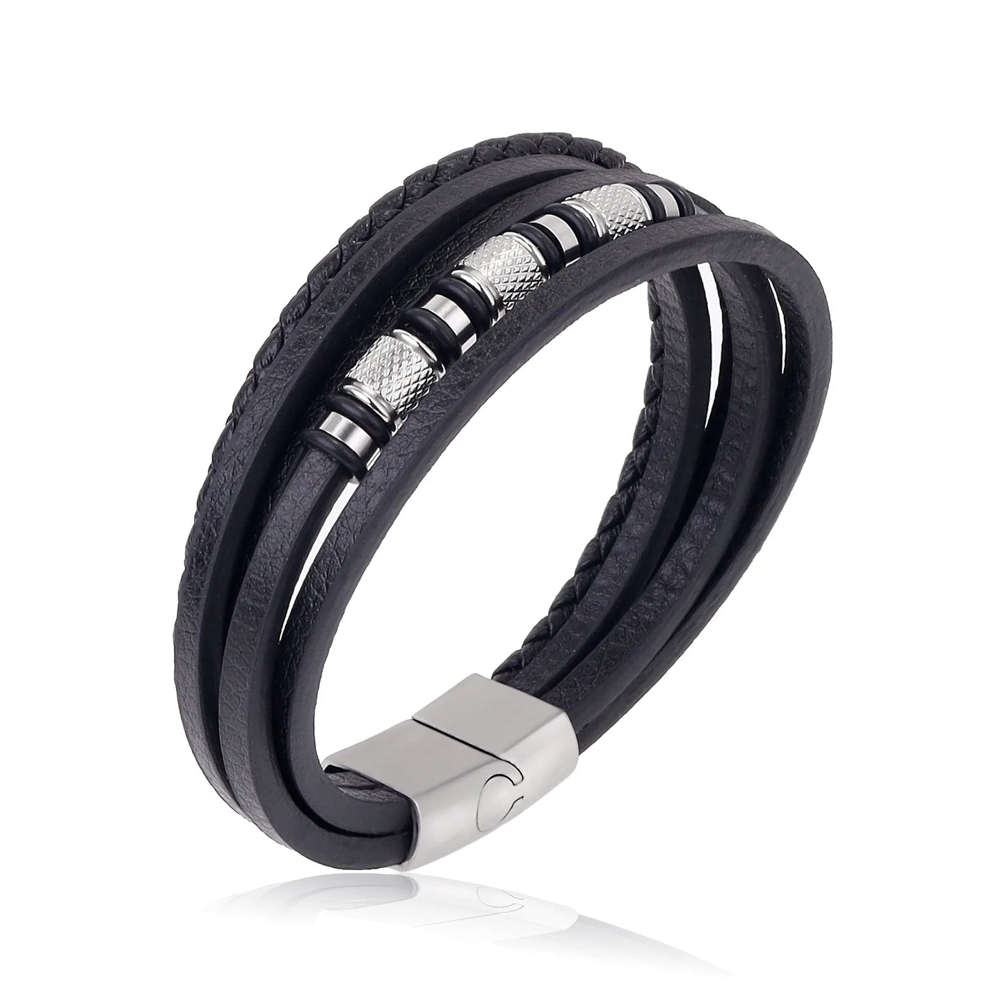 Bracelet Homme Cuir Luxe Multicouche Avec Perles - Bijoux De Lune