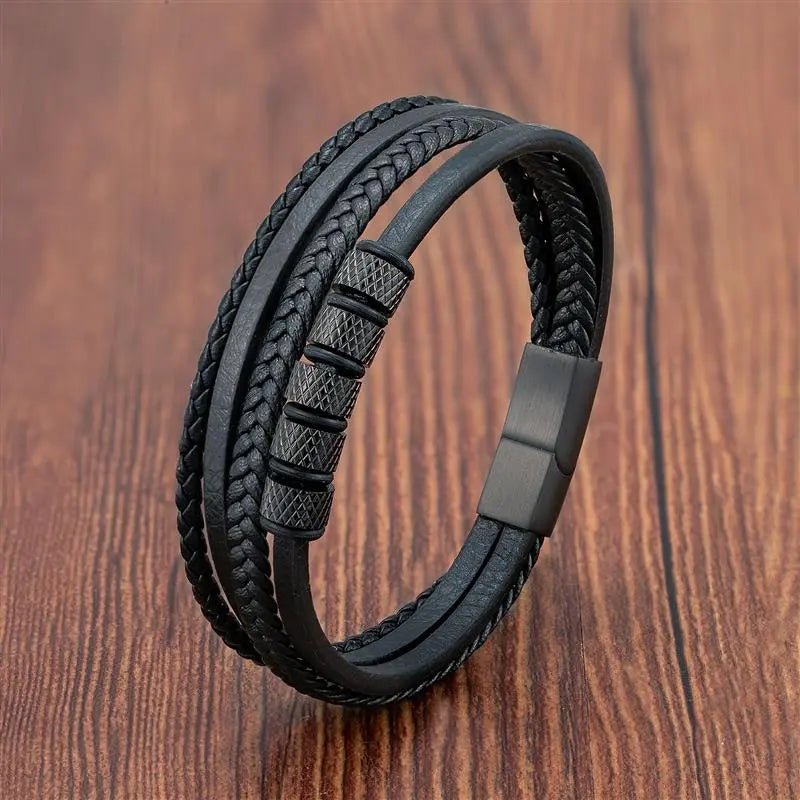 Bracelet Homme Cuir Luxe Multicouche Avec Perles - Bijoux De Lune